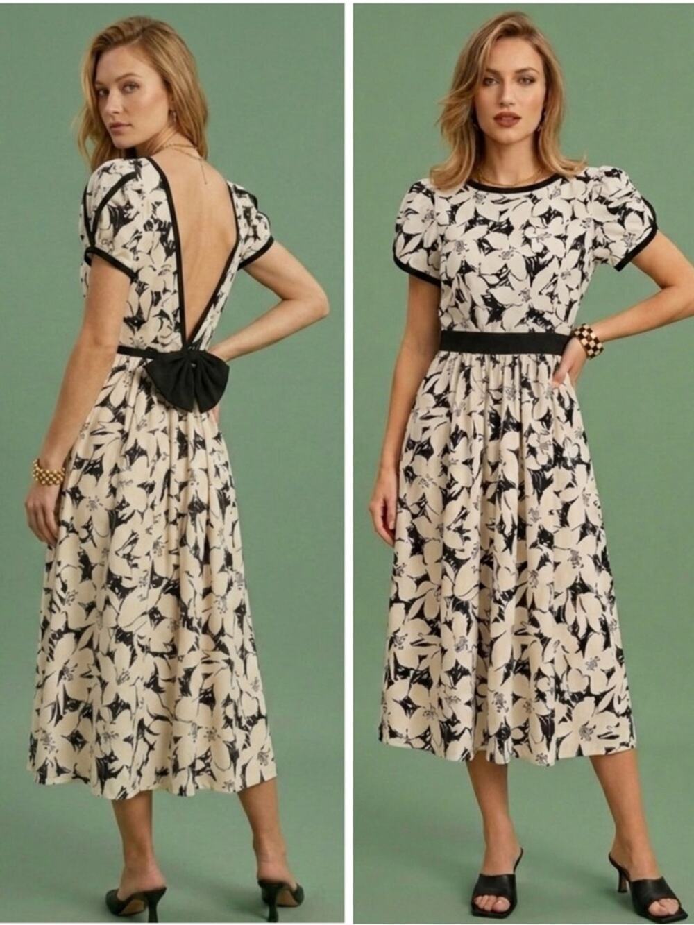 Vintage Lanz Originals Dress Floral Bow Open Back Midi Cotton Black & White 80s